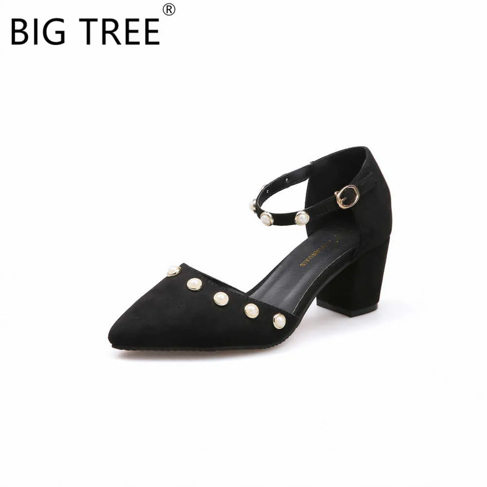 

BIGTREE 2019 Spring New Sexy Baotou with Sandals Female Suede Pointed Thick High Heels Pearls Word Buckle Sandals Chunky Heels