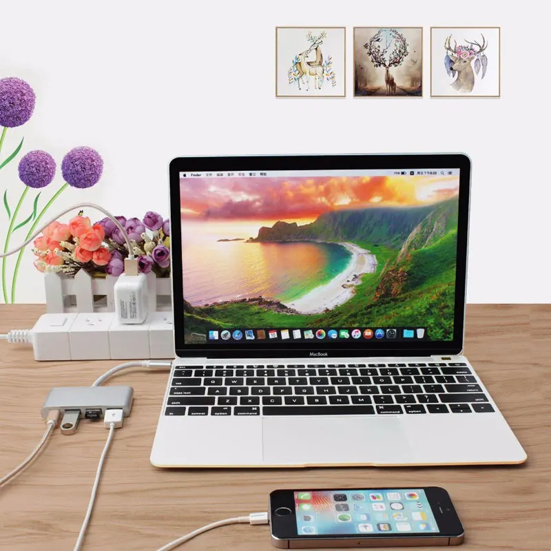 4-в-1 Thunderbolt 3 USB-C подключающийся аппаратный ключ USB 3,1 Тип C Hub адаптер с USB 3,0 5 Гбит/с для Macbook Pro Тип-C Интерфейс