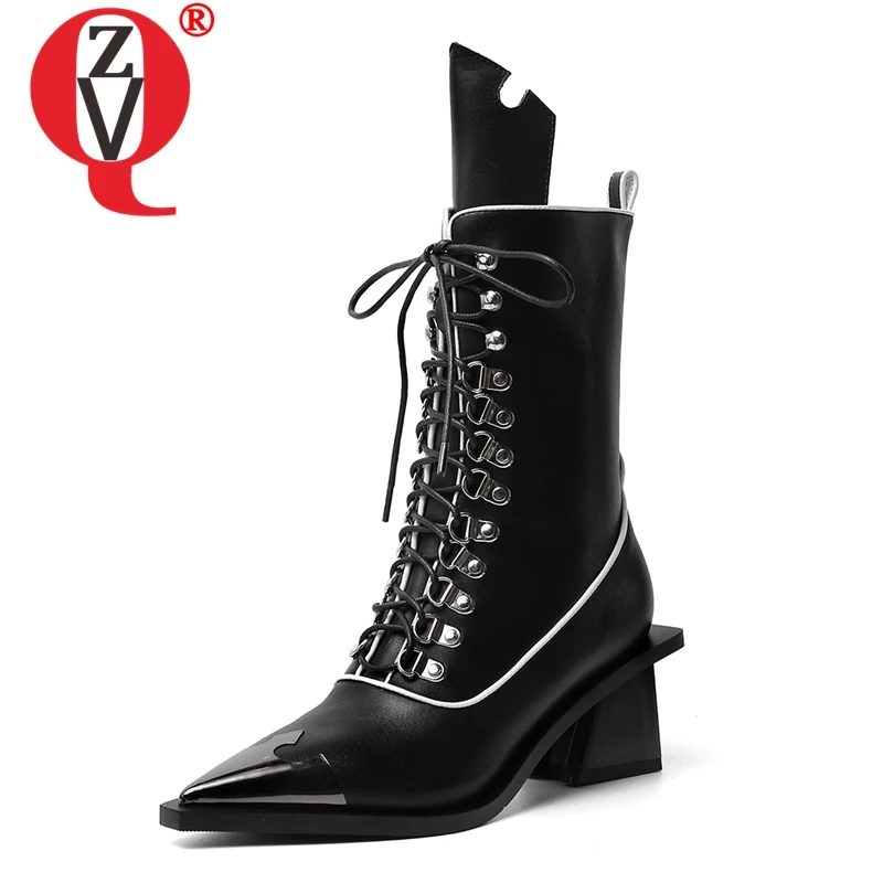

ZVQ woman shoes 2019 autumn new fashion sexy pointed toe high quality genuine leather mid calf boots outside high heels shoes