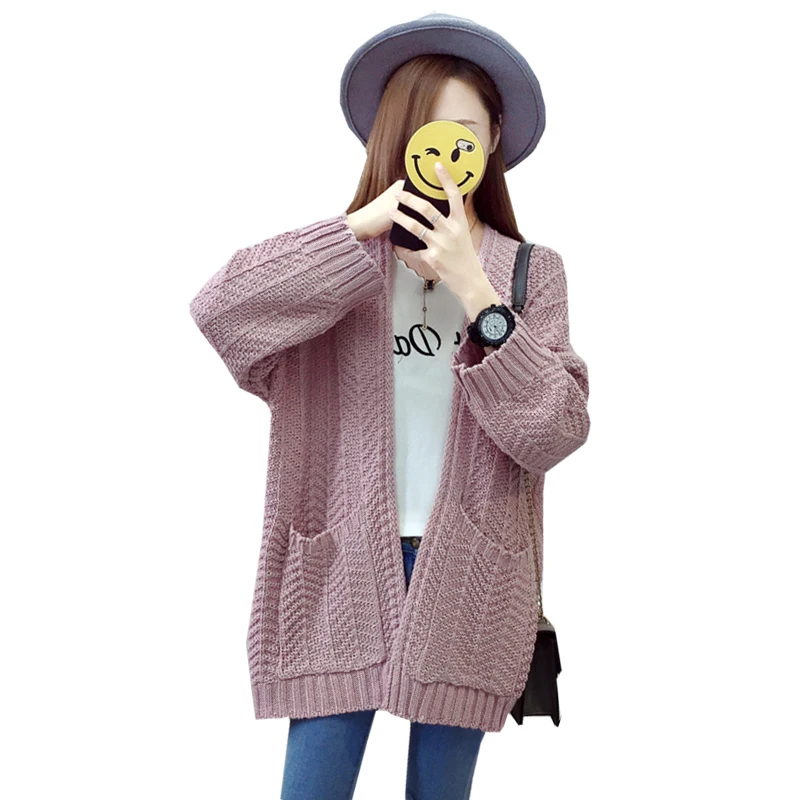 

2019 Women Long Cardigan Autumn And Winter Sweaters Cardigans Long Loose Solid Color Pocket Women Sweater Vestidos LXJ409