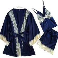 Топ класс 3 шт. кружевной халат наборы сексуальная женская одежда для сна шелковая ночная рубашка искушение халат+ спагетти ремень+ короткие брюки Свадебный Халат