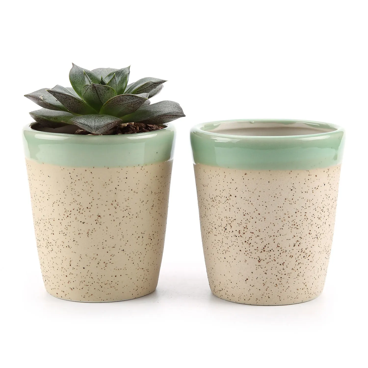 

T4U 3.25 Inch Clay Glzed Round Cup Shaped succulent Cactus Plant Pot Flower Pot/Container/Planter Beige Package 1 Pack of 2
