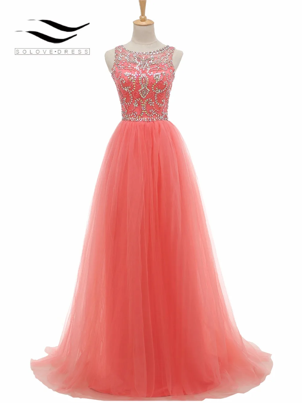 

New Solovedress Sweep Train Real Photo Beaded Stones Tulle A Line Prom Dress Party Evening Gown Vestidos De fiesta SLW0013