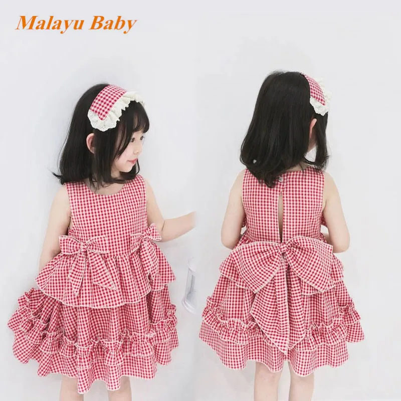 Malayu Baby Girls Dresses Summer New Cute Child Plaid Sleeveless Bows Ruffles Naked Back Princess Costume 2-6 Years Kid Clothing | Детская