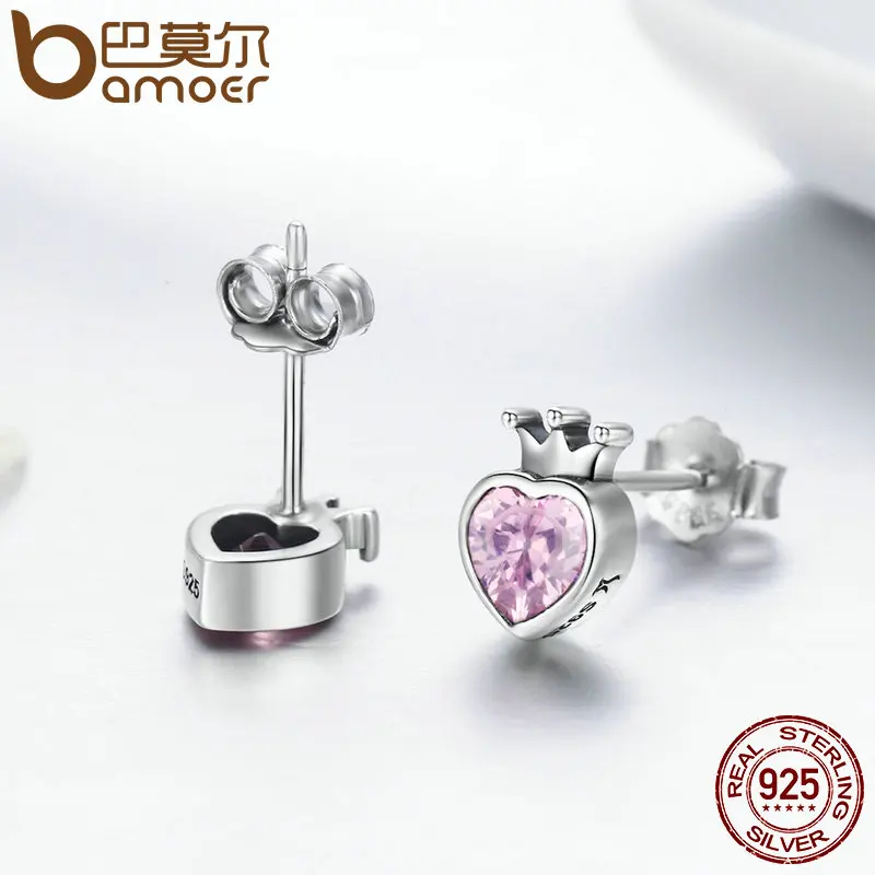 Женские серьги гвоздики из серебра 925 пробы с розовым сердцем|925 sterling|earrings heartheart