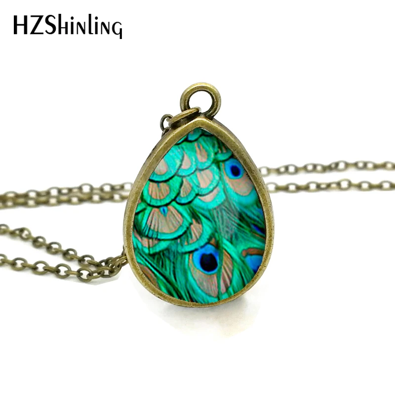 

2017 New Peacock Feather Necklace Abstract Feathers Jewelry Tear Drop Pendant Art Nouveau Chain Glass Photo Necklaces