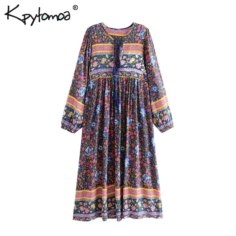 

Boho Chic Summer Vintage Floral Print Tassel Pleated Midi Dress Women 2019 Fashion Long Sleeve Beach Dresses Vestidos Mujer
