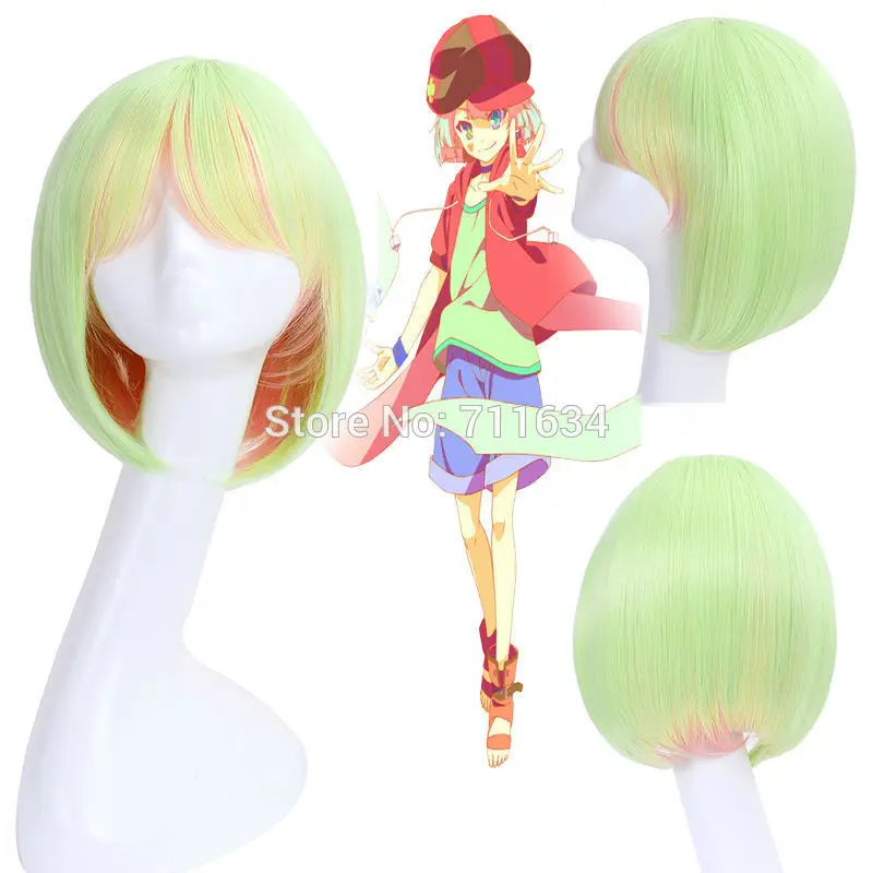 

New Arrival no game no life Nogemu Noraifu Tet Short Bob Straight Green Mix Pink Cosplay Anime Wig + Wig Cap