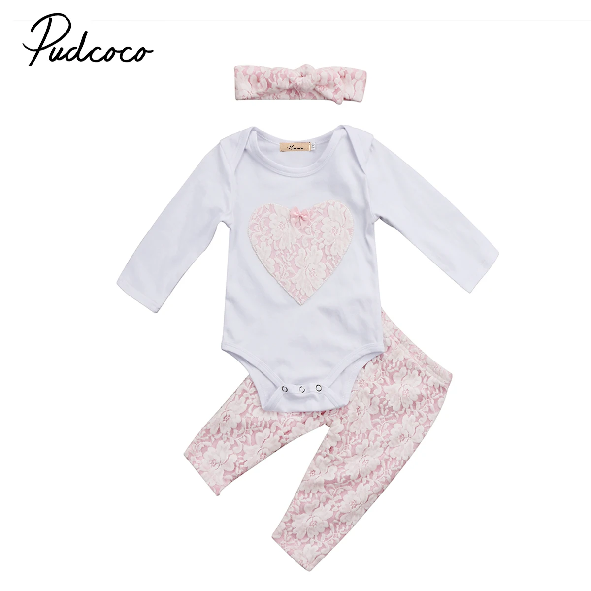 PUDCOCO Brand Cotton Romper Set Newborn Baby Clothes Girls Lace Top Romper Long Pants Headband