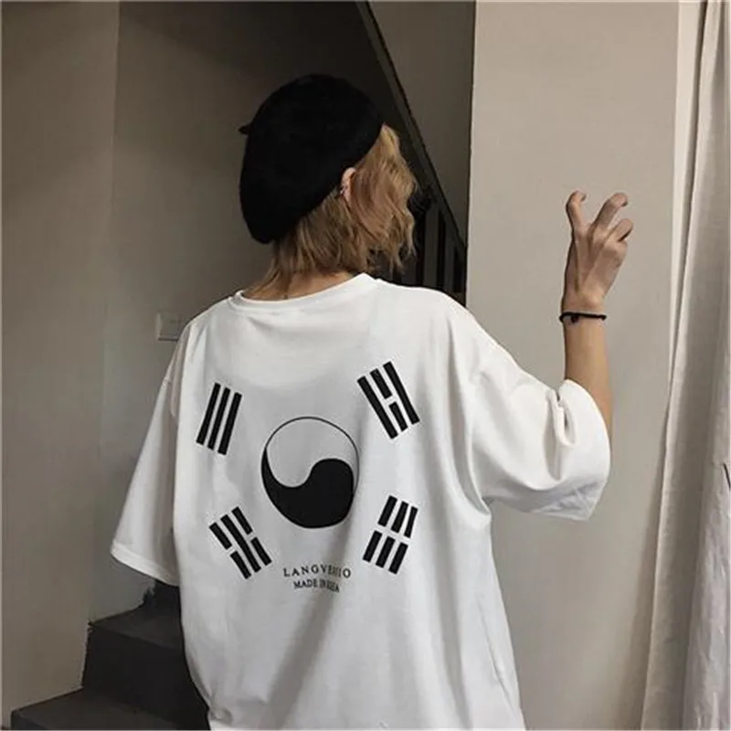 Корейский Harajuku BF футболка с принтом Мужская женская летняя Ins хип хоп свободные футболки большого размера Мужская Повседневная футболка уличная Мужская