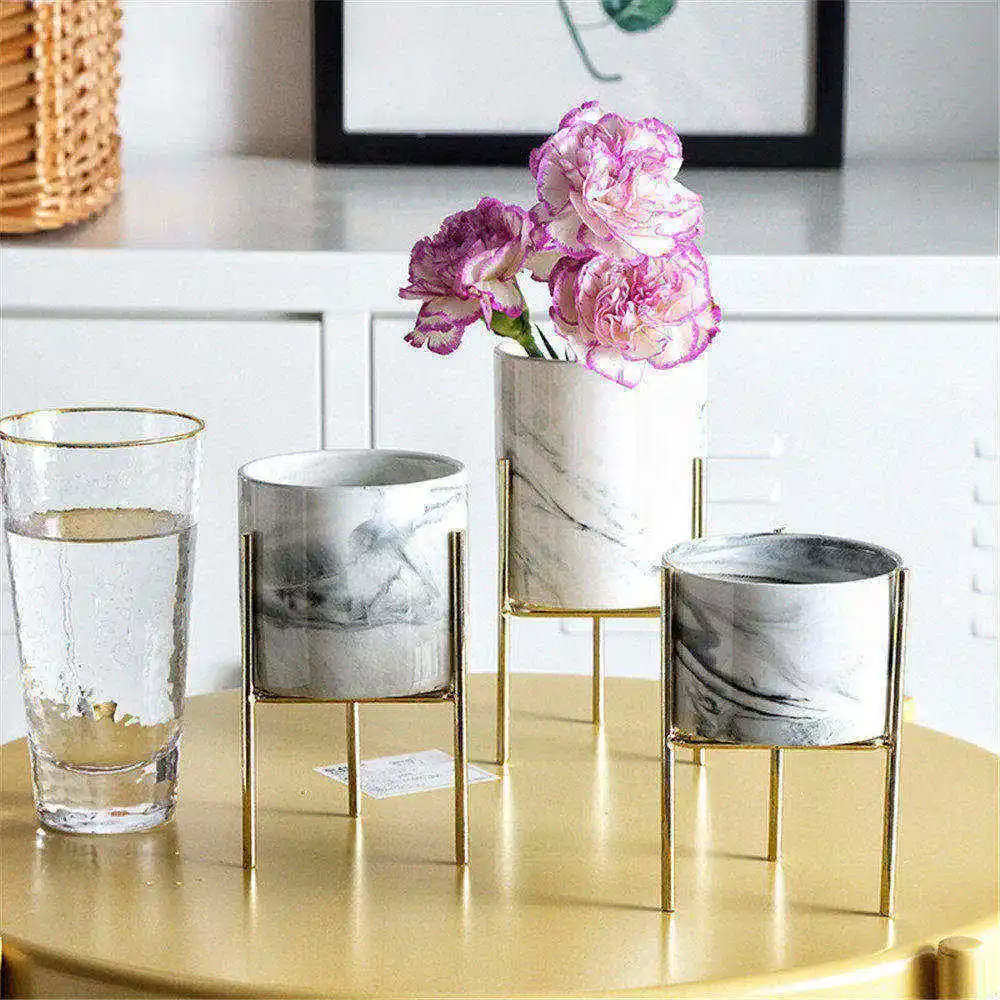 

Nordic Storage Jars with Gold Black White Chic Frame Marble Pattern Pencil Holder Ceramic Floral Machine Flower Vase Storage Jar