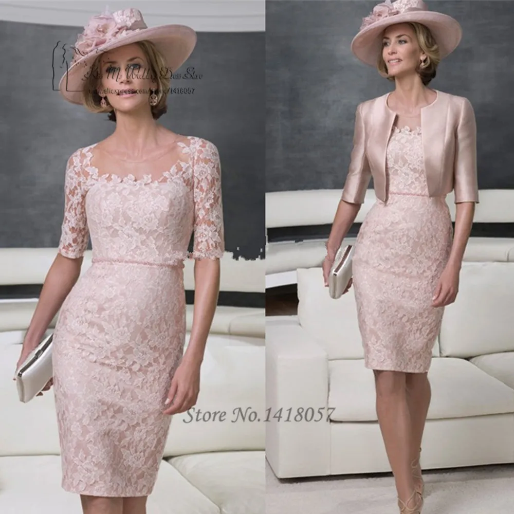 

Pink Custom Made Plus Size Mother of the Bride Lace Dresses with Jacket Pant Suits Short Knee Length Groom Godmother Dress 2017