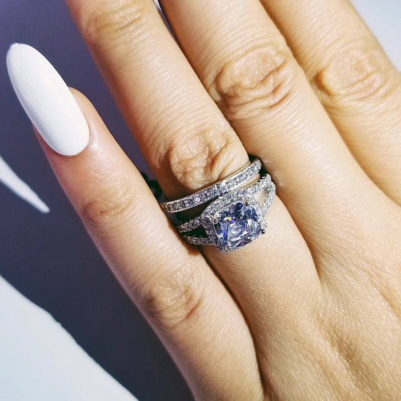 Moonso new classic cushion cut wedding ring set for women bride bridal