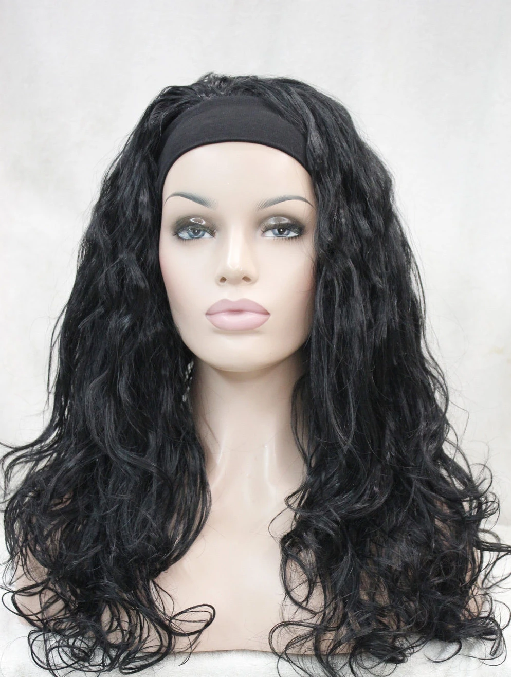Fashion Jet Black Long Curly Wave women Daily 3/4 half wig headband