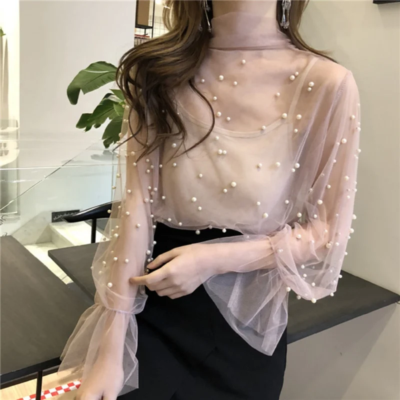 

Office Bow Tie Callor Transparent Blouse Net Yarn Perspective Women's Summer Beading Long Flare Sleeve Mesh Blusa Solid Tops