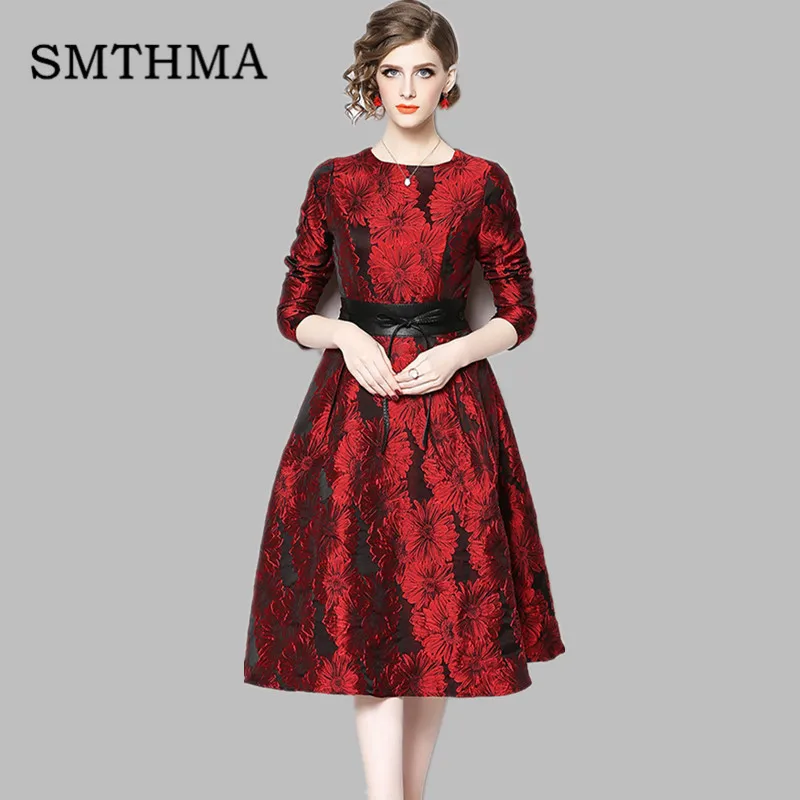 

SMTHMA Women Jacquard Red Dress Elegant Office Work Dress Ball Gown 2019 Vestidos Free belt