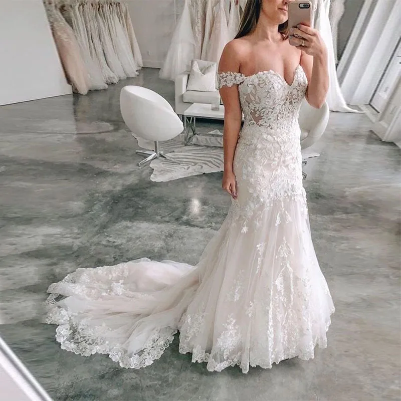 

OFF Shoulder Mermaid Wedding Dresses Illusion Bodice Appliques Robe De Mariee Elegant Bridal Dress Chapel Train Vestido De Noiva