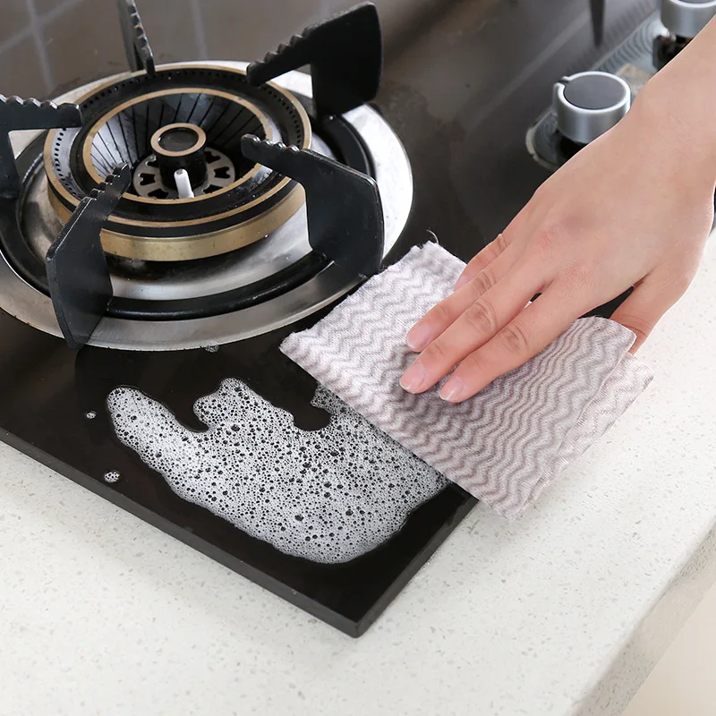 50 Pcs/Roll Disposable Kitchen Microfiber Cleaning Cloth Household Striped No-oil SuperAbsorbent Dishwashing Wiping Scouring Pad