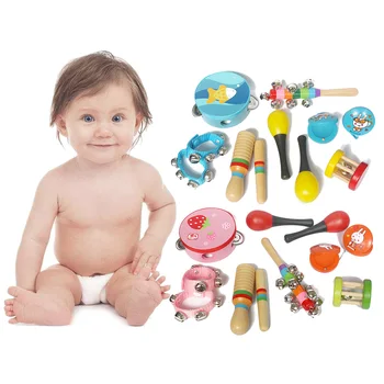 

10 Baby Colorful Musical Instrument Wooden Cage Rattle Hand Ring Bell Sand Hammer Rod Handbell Rattle Hand Drum Percussion Toy