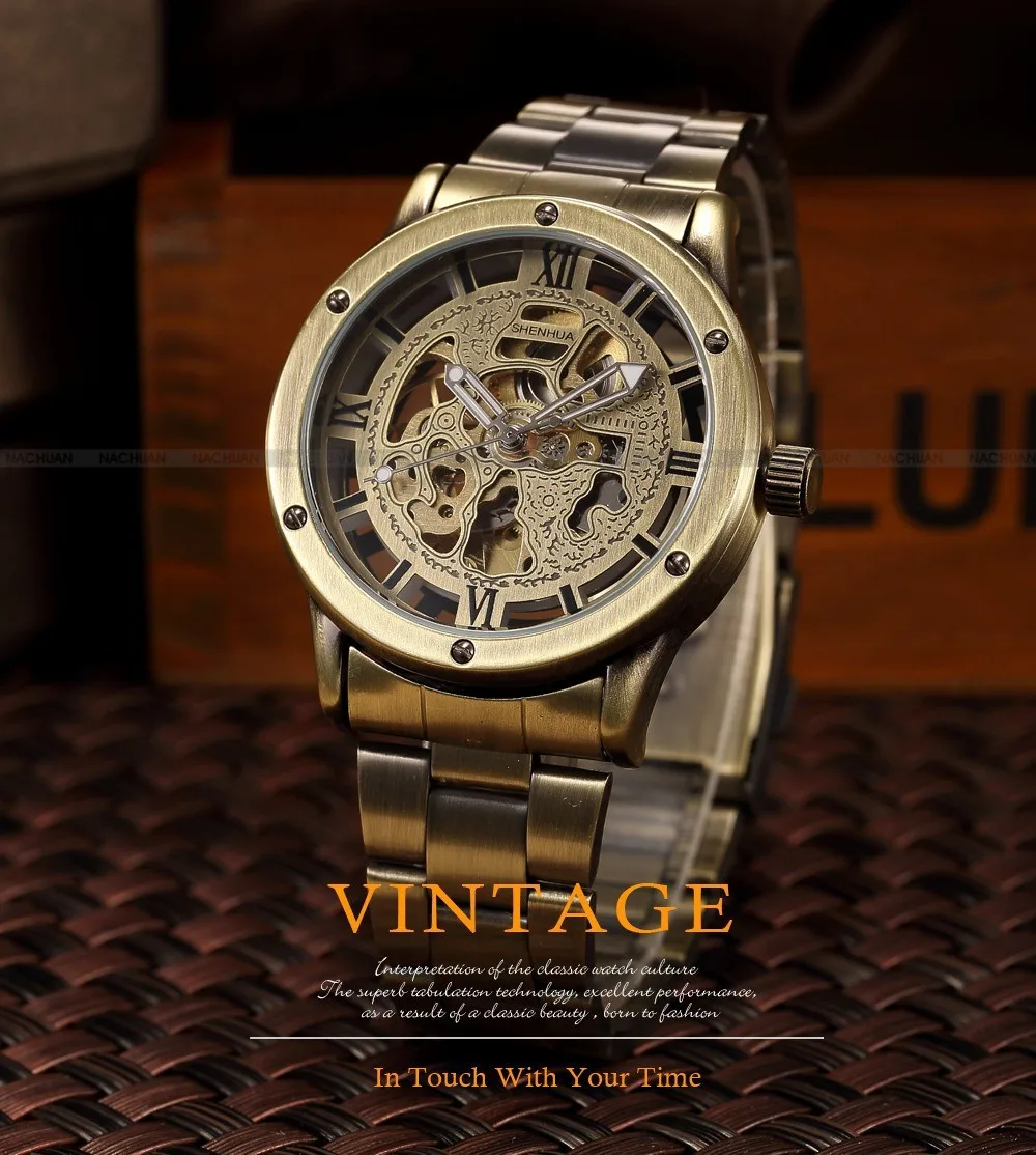 Для мужчин часы Полный Нержавеющая сталь бренд Винтаж бронза Для мужчин часы Скелет часы антикварные Повседневное автоматические