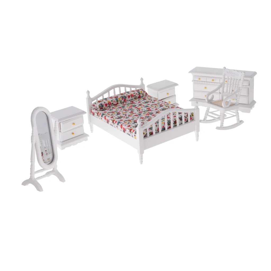 6Pieces 1:12 Scale Dollhouse Miniature Furniture Set White Wooden European Retro Bedroom Accessories Kids Pretend Play Toys