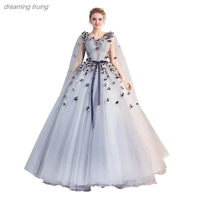 Светло-голубое длинное фатиновое платье с объемным цветком Vestidos De 15 платья для