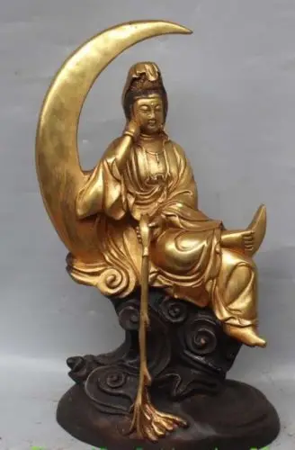 

15"Chinese Bronze Gilt Kwan-yin Guanyin Guan Yin Hold Vase On Moon Buddha Statue