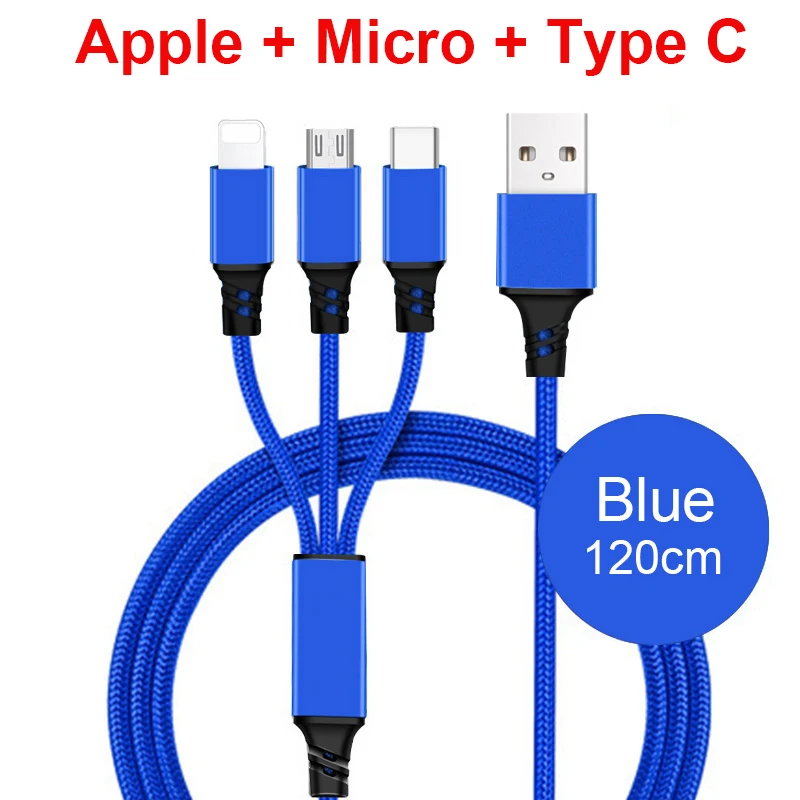 3in1 Micro Тип usb C iOS кабель для зарядного устройства для iPhone XS max XR X 6 6 S 7 8 плюс 5 5S SE Android Galaxy S8 S9 автомобильный мобильный телефон Зарядное устройство - Цвет: Синий