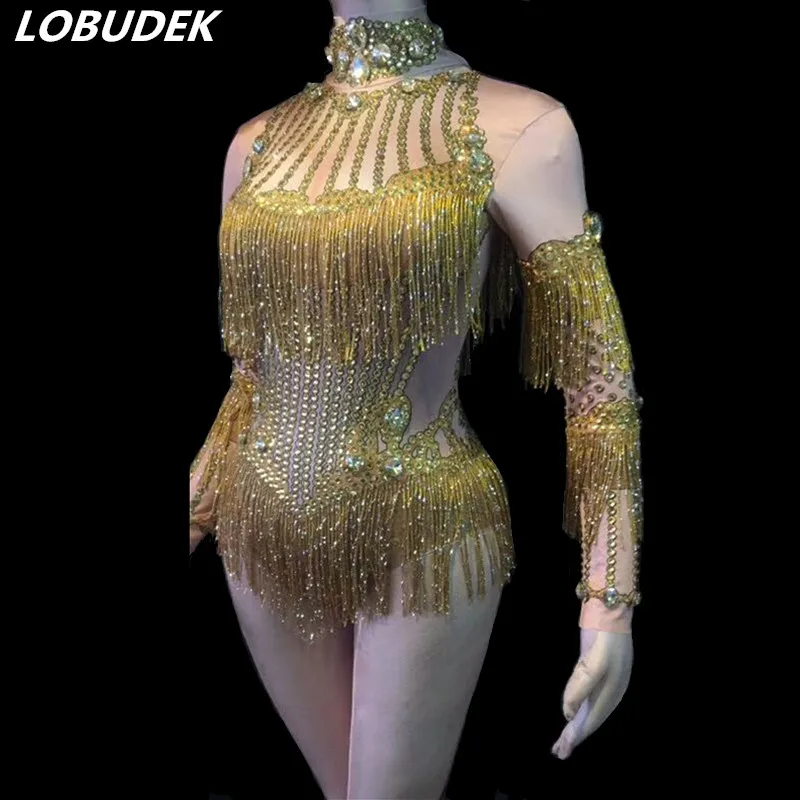 Buy Gold Tassels Crystals Bodysuit Long Sleeve Stretch