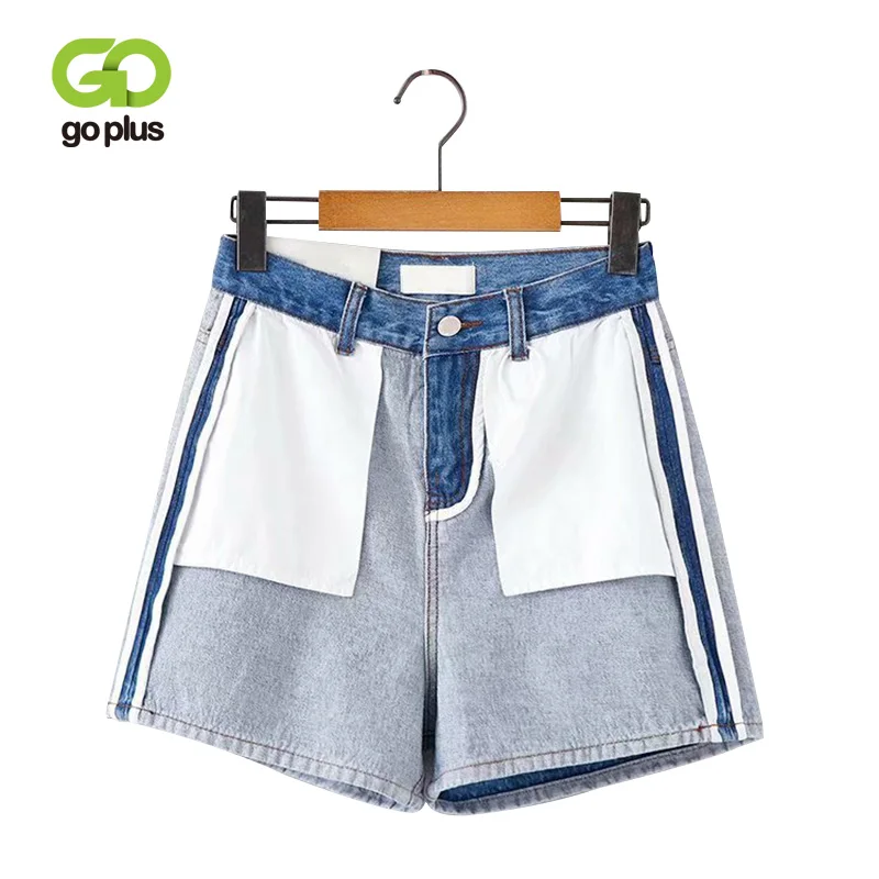 

GOPLUS Summer Denim Shorts Vintage High Waist Patchwork Reverse Design Shorts Women Jeans Short Pants Loose 2019 Blue Streetwear
