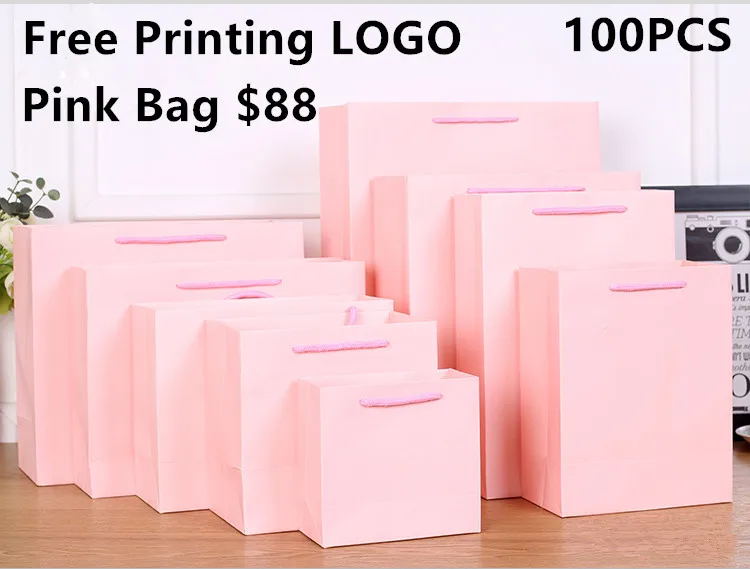 

100PCS/LOT Free Printing LOGO Design Pink Paper Gift Bag 14 Different Size Available Shopping Bag Party Candy Bag