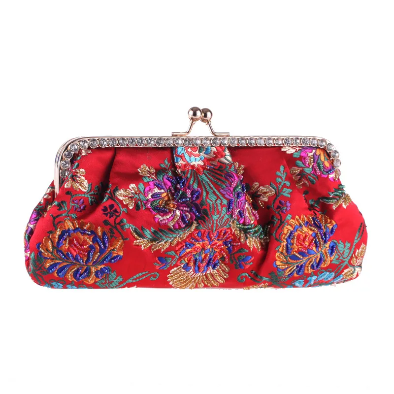 

Folk-custom National Style Women's Clutch Flap Bag Embroidered Flower Handbag Beading Crystal Pouch Fit Cheongsam Shoulder Bag