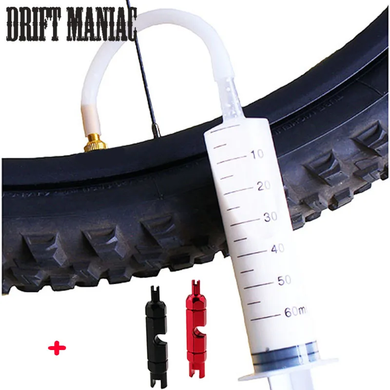 

Bike tire tubeless sealant 60ml syringe rubber hose kit for inner tube mtb road bicycle tire tubeless valves core tools