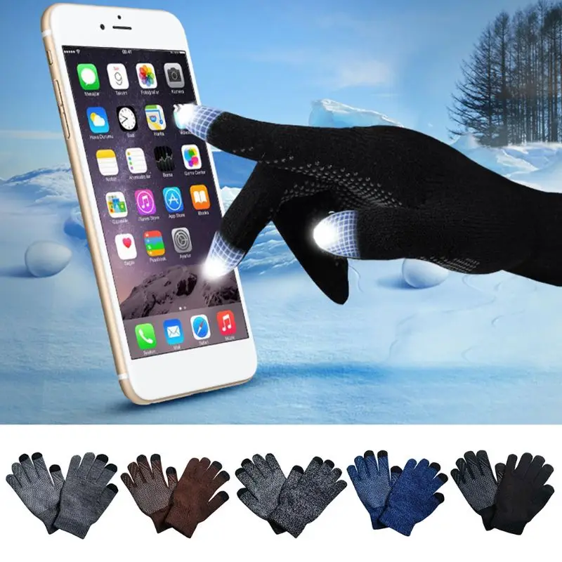 Для женщин Для мужчин зимние утолщенные ребристые трикотажные перчатки Полный облапанная противоскольжения Магия Сенсорный экран