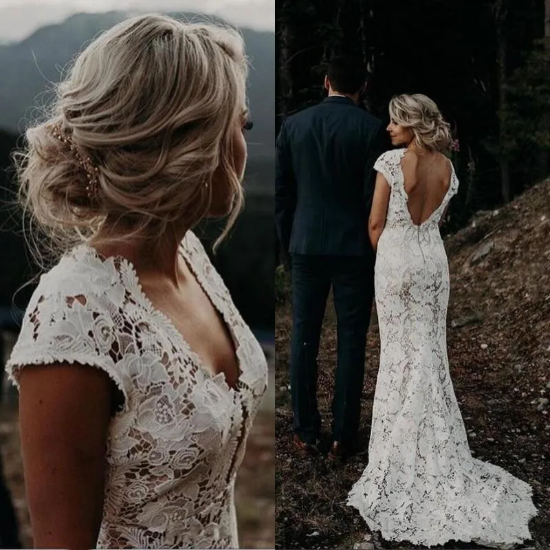White Lace Country Mermaid Wedding Dresses 2019 Vintage V ...