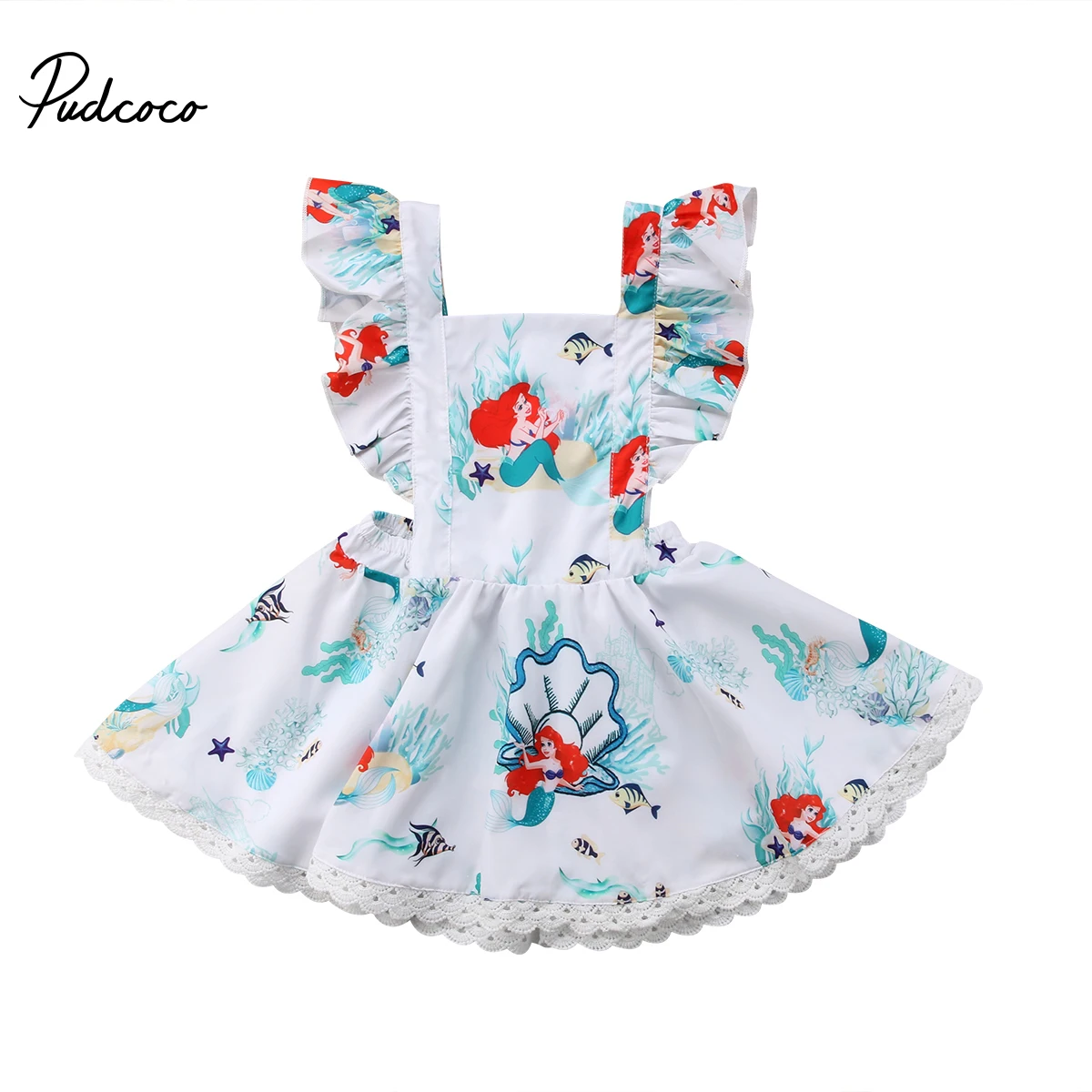

2018 Summer Princess Sweet Pretty Dress Toddler Baby Girls Petal Sleeve Cartoon Pattern Print Lace Ruffles A-Line Dress 0- 5Y