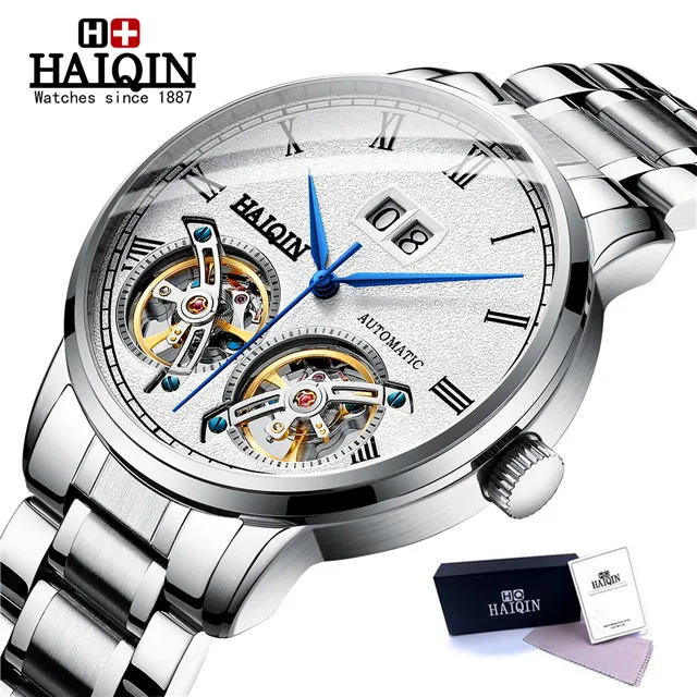 HAIQIN мужские часы для мужчин s часы лучший бренд класса люкс автоматические механические Спортивные часы для мужчин wirstwatch Tourbillon Reloj hombres - Цвет: Silver white