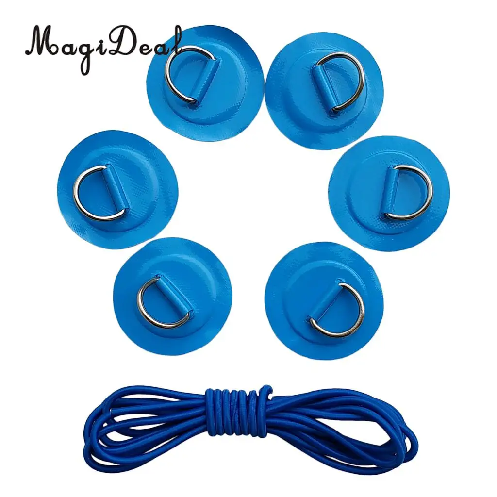 Pack 6 Stainless Steel D-Ring Patch/Pad & 5mm x 5m Elastic Shock Cord Rope for PVC Inflatable Boat Kayak Raft Dinghy - 6 Colors