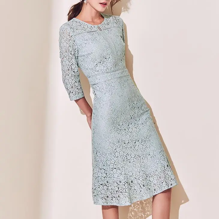 Модное дизайнерское офисное платье женское элегантное кружевное полый тонкий облегающее платье с круглым вырезом OL дамское шикарное платье-футляр ретро платья