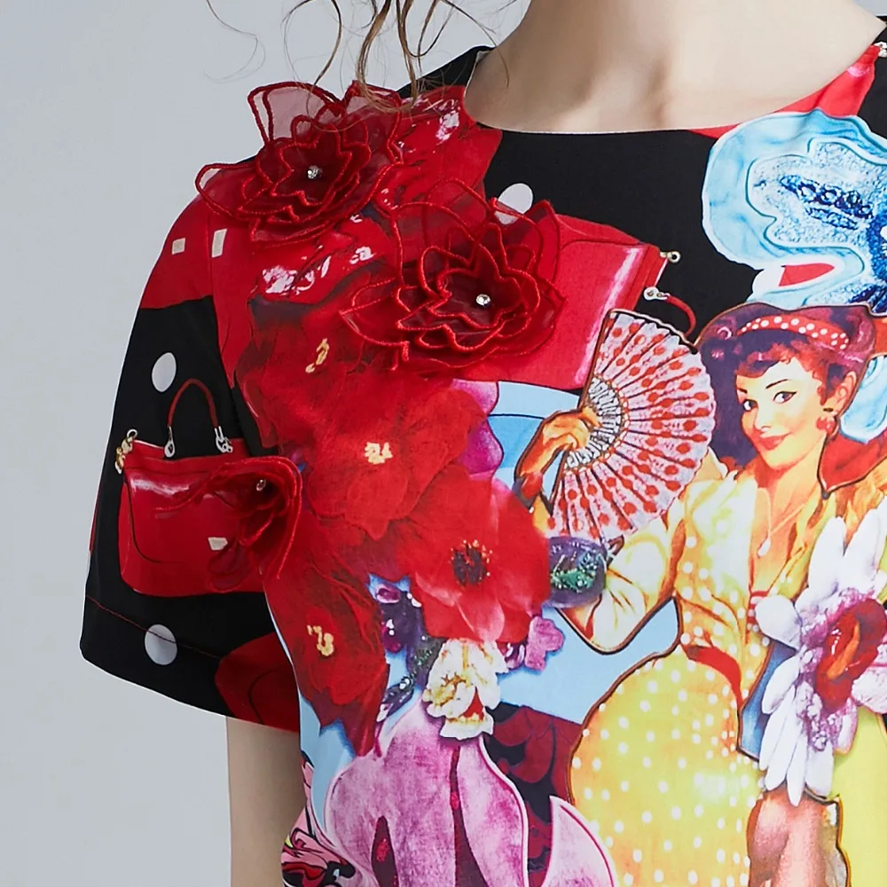 M-XXL spring summer woman dress 3d red flower applique shoulder yellow blue red cartoon pattern print cute sweet mini dress