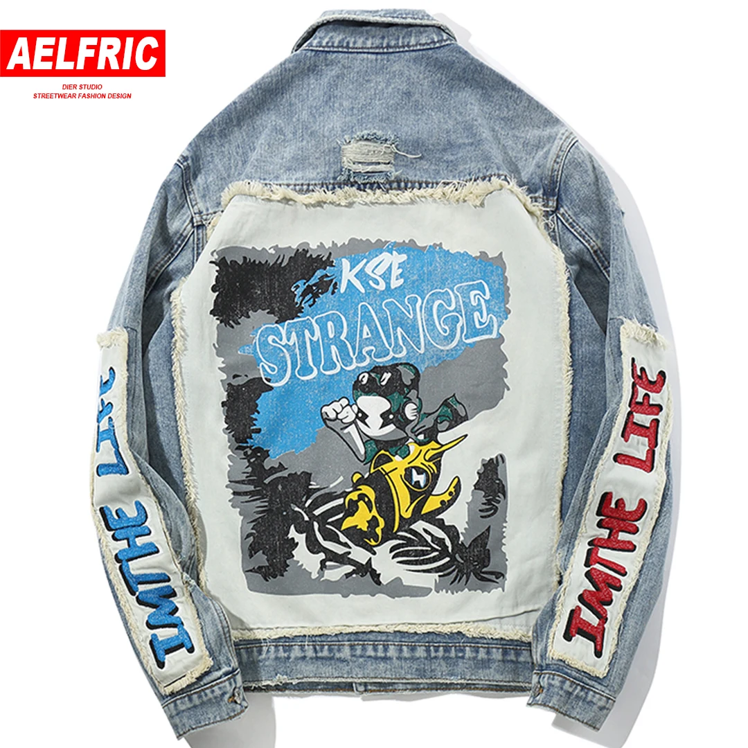 

AELFRIC Hip Hop Jeans Denim Jackets Coats Men 3d Cartoon Patch Design High Fashion Streetwear Male Urban Outwear Jacket STR05
