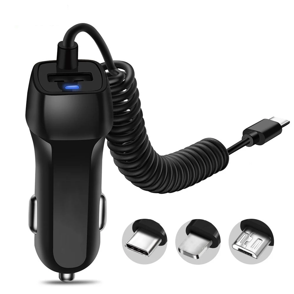 

Auto Fast Charging Car Charger with Retractable Cable Phone Charger With Micro USB Type C Cable For iPhone X 8 7 Samsung S9 S8