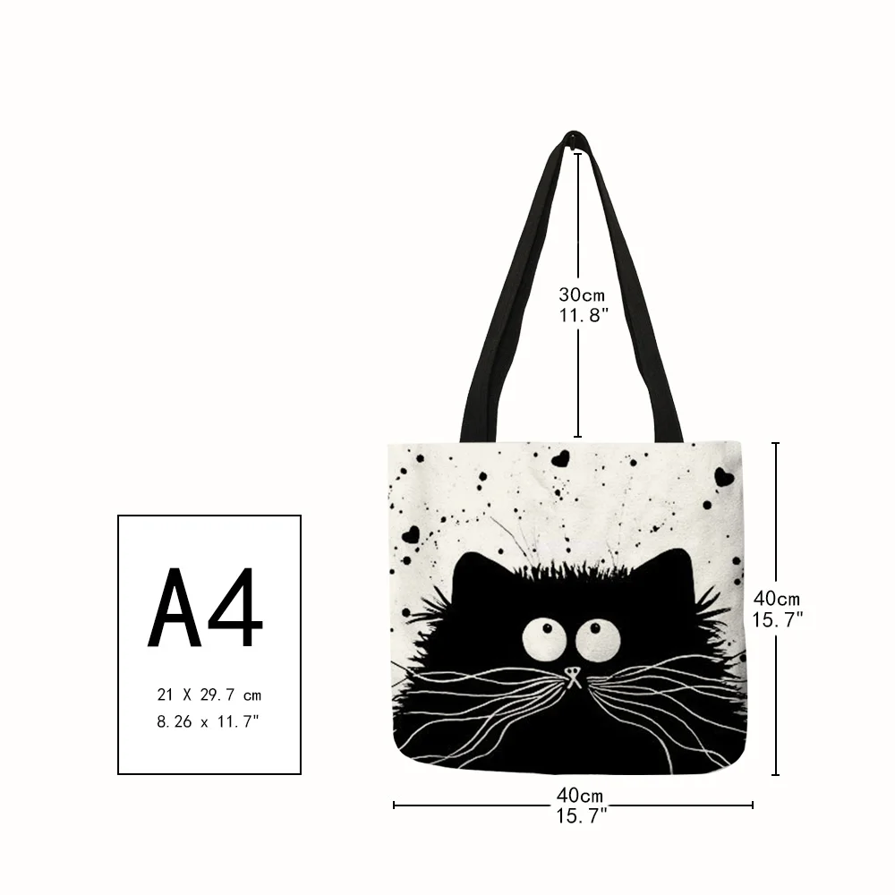 Customized Cute Cat Printing Women Handbag Linen Tote Bags with Print Logo Casual Traveling Beach Bags