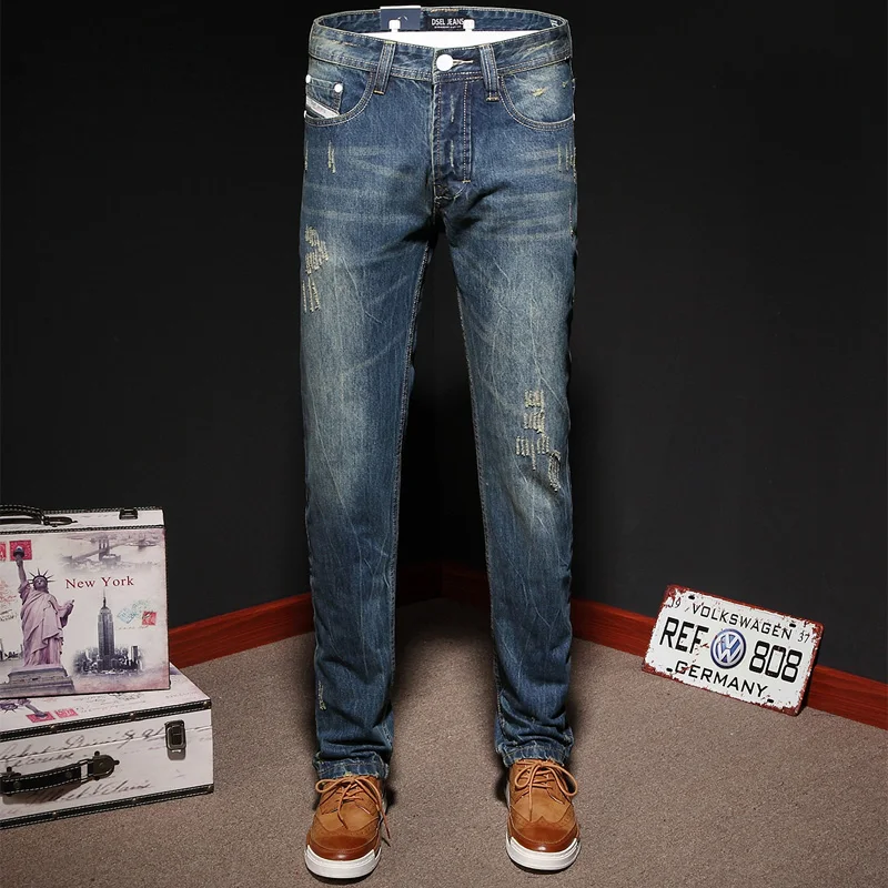 High Quality Mens Jeans Blue Color Printed Jeans For Men Ripped Button