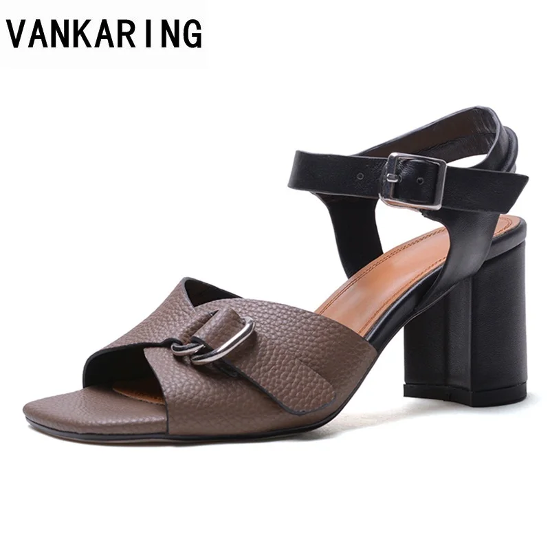 

VANKARING fashion patchwork 2018 new party dress women shoes summer cow leather clemence sandals square heel ladies office