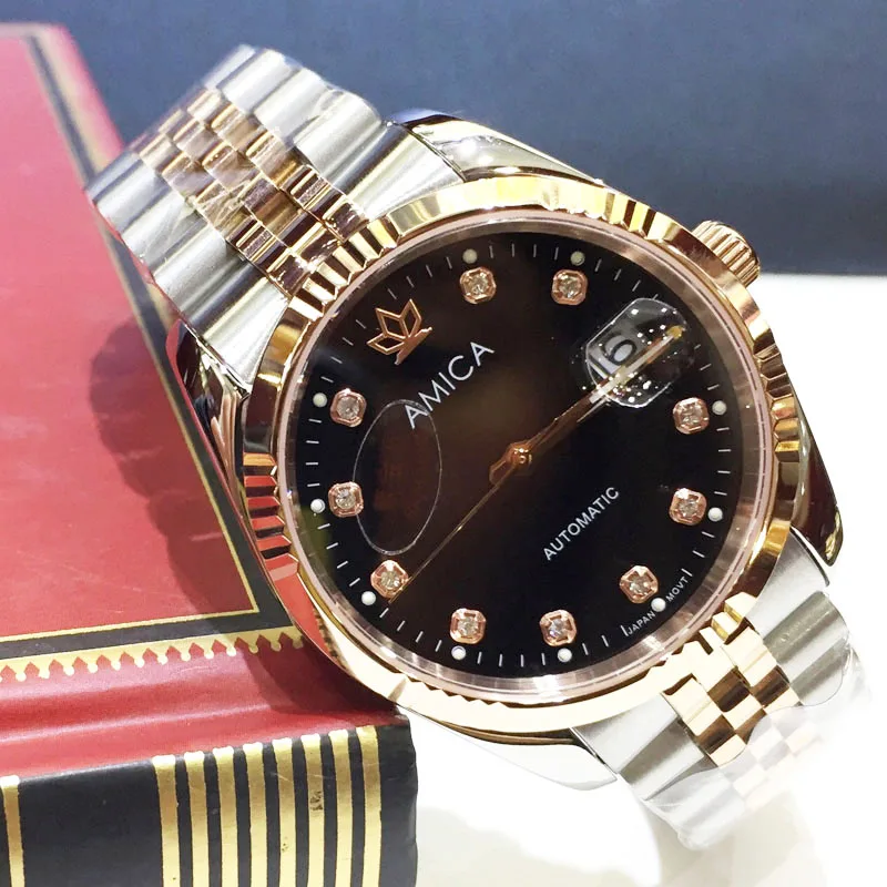 

AMICA 2018 fashion luxury full steel Mens automatic mechanical high quality sapphire glass mirror waterproof sports watch