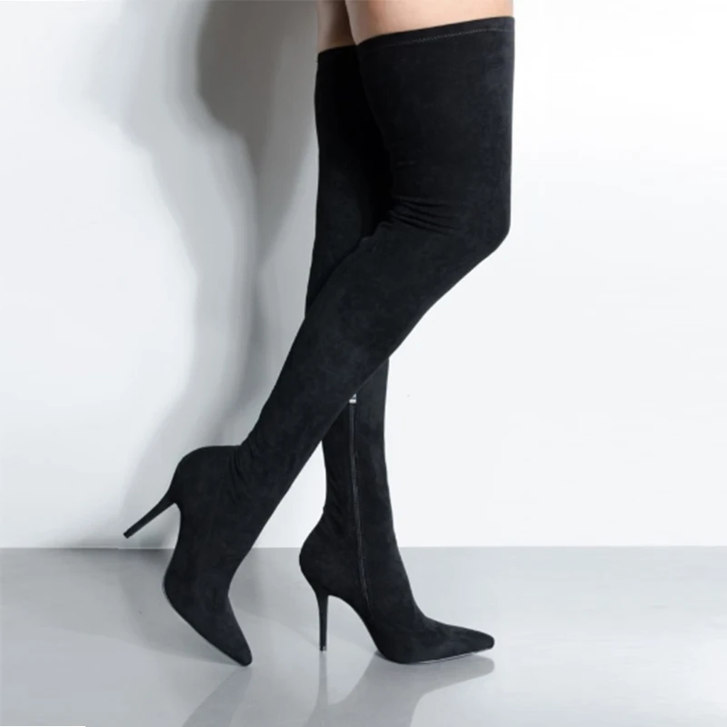

Fashion Women's Over Knee Boots Lycra Solid Fashion Pointed Toe Zipper Stretch Fabric High Heel Ladies Knee High Boots