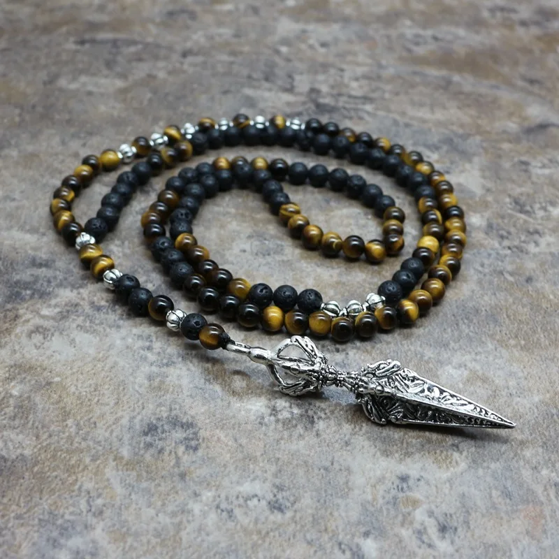 Natural Stone Necklace Men Retro Lava Bead Long Tiger Eye Skull/viking Pendants Necklaces Fashion Jewelry Kolye Hand Made