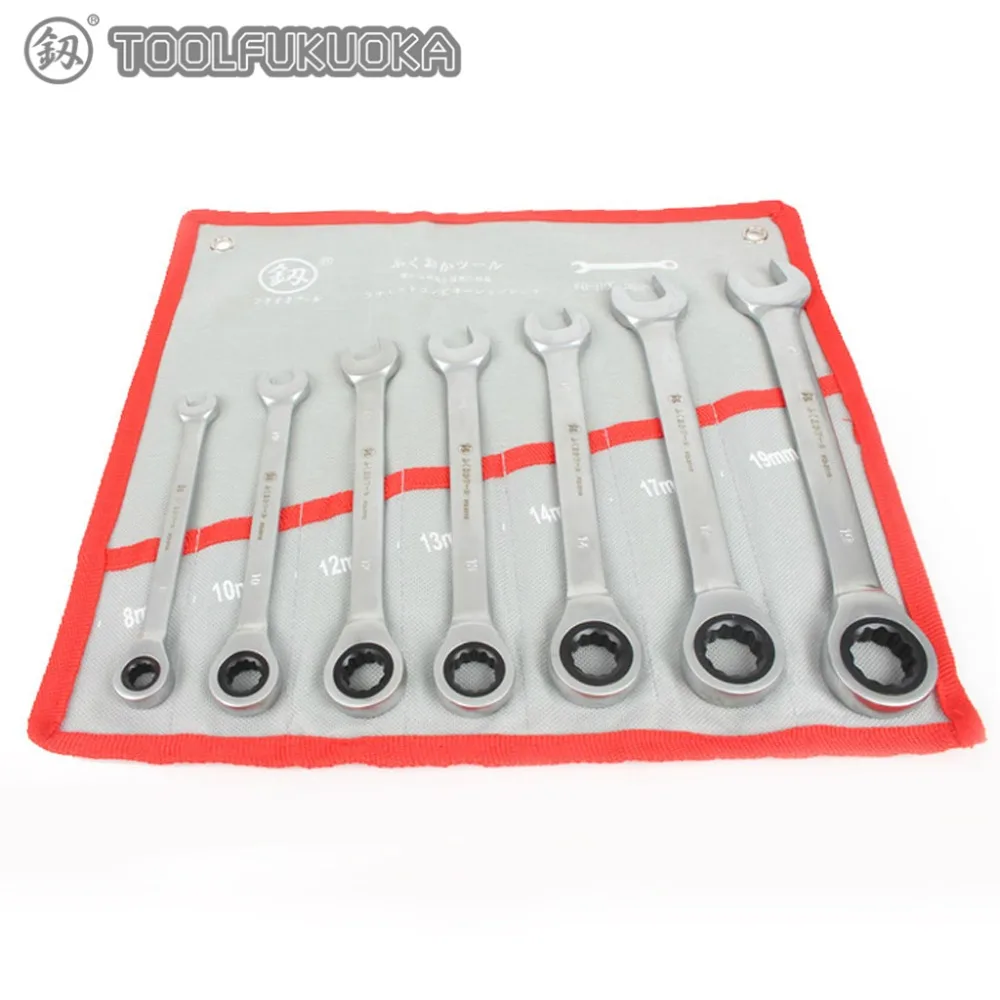 

7Pcs/Set Cr-V Wrench Set Ratchet 8/10/12/13/14/17/19mm Double End Ratchet Wrench Set Key Set Spanner Key with Tool Bag Hand Tool
