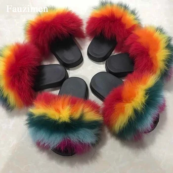 

Multicolor Women Real Fox fur Fashion Flip Flops Sandals Plush Warm House Slippers Summer Comfortable Woman Flats Shoes